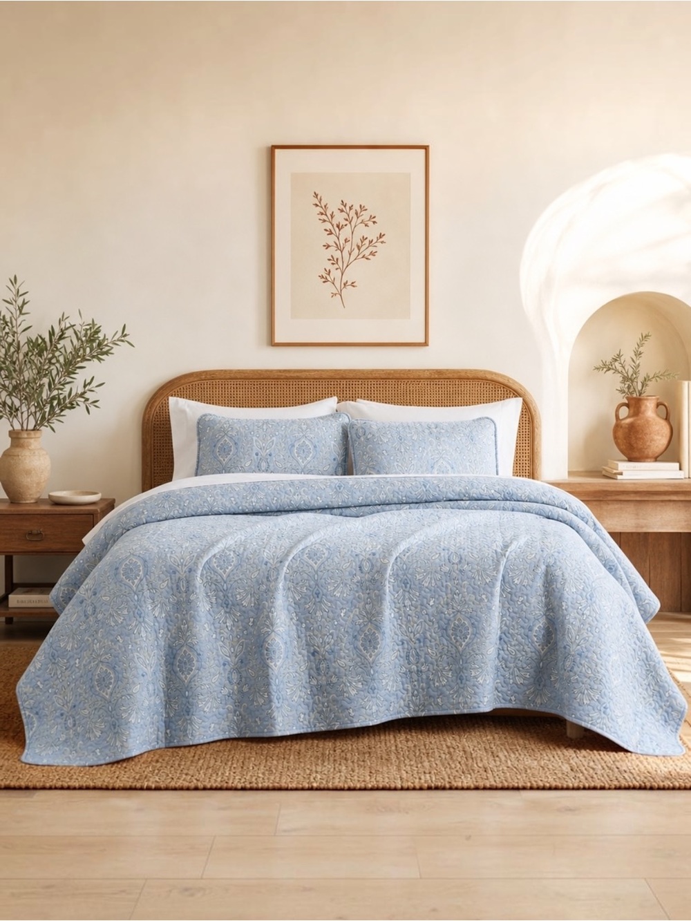 NEW West Elm Light Blue King Size Paisley Bedspread Quilt Sham Pillow Case Set